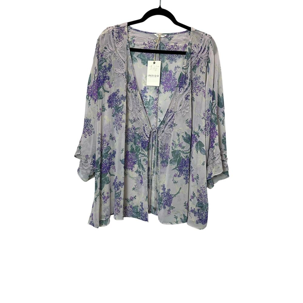 M&S NEW Indigo Collection Sheer Embroidered Purple Floral Kimono size XL